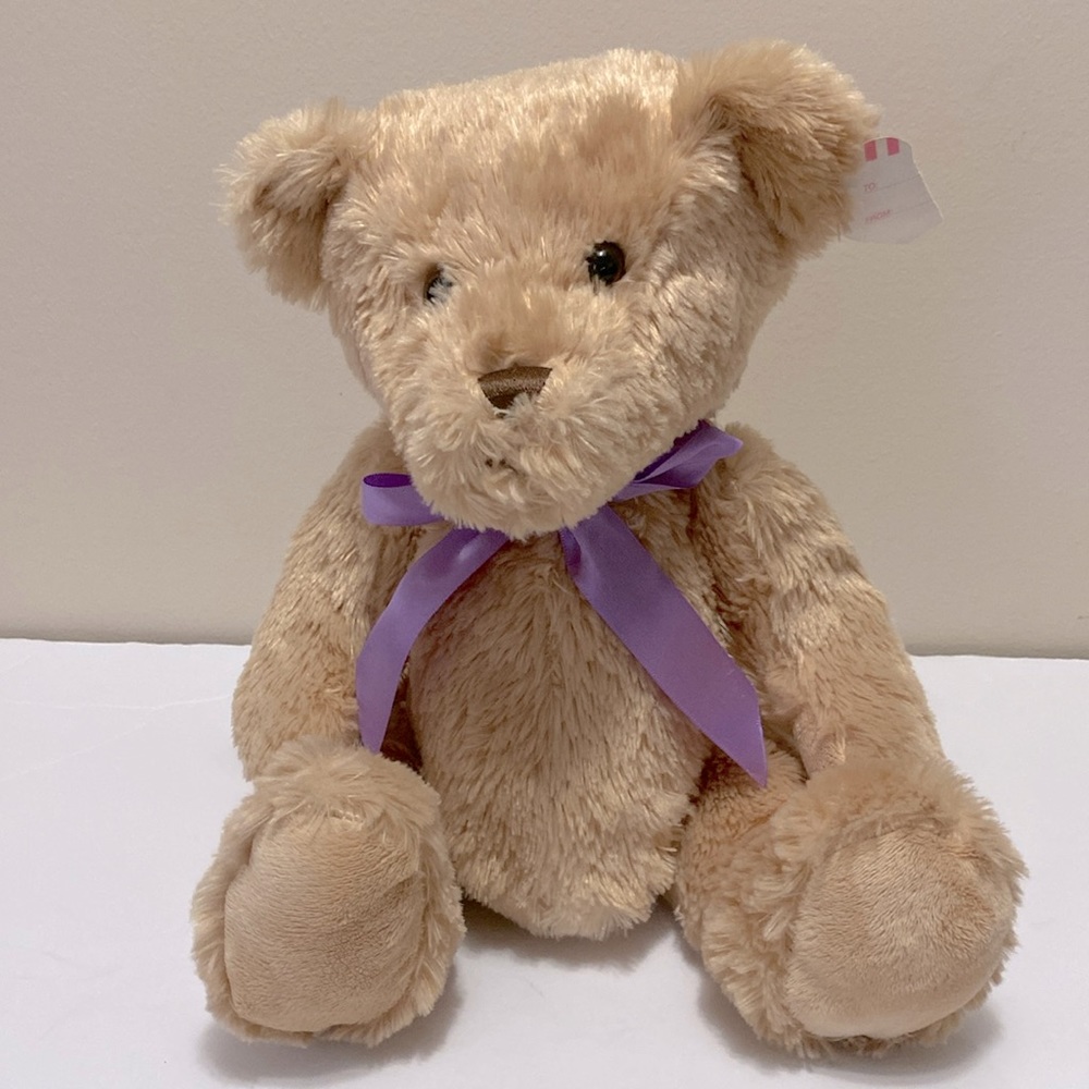 Hug Me Tan Teddy bear stuffed Animal plush with purple ribbon size 12 inch